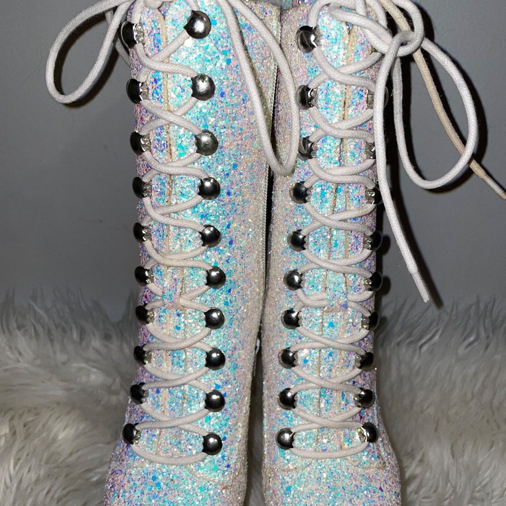 YRU MYA STAR WHITE GLITTER PLATFORM Stripper Dancewear BOOTS HEELS  XTRA Size 5 - Picture 5 of 16